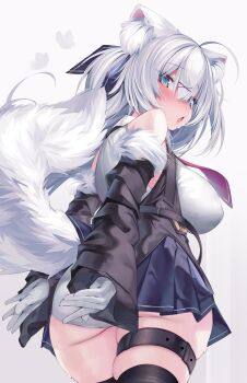 1girl absurdres ahoge animal_ear_fluff animal_ears ass belt black_thighhighs blue_ribbon blue_skirt blush breasts covering_ass covering_privates cowboy_shot detached_sleeves double-parted_bangs fang fox_ears fox_girl fox_tail from_behind fur-trimmed_sleeves fur_trim gloves hair_between_eyes hair_ornament hair_ribbon highres konagi_(konotuki) large_breasts looking_at_viewer miniskirt one_side_up open_mouth original panties pleated_skirt ribbon shirt simple_background skin_fang skirt solo tail thigh_belt thigh_strap thighhighs underwear walking white_background white_gloves white_hair white_panties white_shirt x_hair_ornament