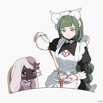 2girls apron ascot black_romper braid braided_ponytail breasts chibi closed_mouth cup dark-skinned_female dark_skin decantering dress failure fascinator frilled_ascot frills green_hair highres holding holding_saucer holding_teapot jacinthe_(pokemon) juliet_sleeves lebanne_(pokemon) long_hair long_sleeves maid maid_apron maid_headdress master_and_servant multiple_girls nintendo oromnt pokemon pokemon_legends:_z-a pouring puffy_sleeves purple_dress purple_eyes purple_hair romper saucer simple_background sitting smile tea teacup teapot very_dark_skin white_background