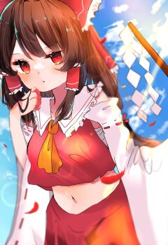 Rule 34 | 1girl, ascot, blue sky, bow, breasts, brown hair, chest sarashi, cloud, commentary, day, detached sleeves, frilled bow, frilled hair tubes, frills, gohei, hair bow, hair tubes, hakurei reimu, highres, holding, holding gohei, long hair, medium breasts, midriff, navel, red bow, red eyes, red skirt, ribbon-trimmed sleeves, ribbon trim, sarashi, skirt, skirt set, sky, solo, tamago nnyi, touhou, yellow ascot