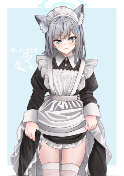 1girl alternate_costume animal_ear_fluff animal_ears apron black_dress blue_archive blue_background blue_eyes cowboy_shot cross_hair_ornament dress enmaided extra_ears frilled_apron frills grey_hair hair_ornament highres looking_at_viewer maid maid_headdress medium_hair mismatched_pupils motizou nice_knee_socks_day shiroko_(blue_archive) skirt_hold solo thighhighs white_apron white_thighhighs wolf_ears