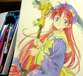 1girl agahari back_bow beret black_bow blue_dress blue_hat bow closed_mouth commentary_request dress green_eyes hair_bow hat hat_bow holding holding_scythe l_no_kisetsu long_hair looking_at_viewer low-tied_long_hair mainami_yuuki painting_(medium) photo_(medium) red_hair sailor_collar school_uniform scythe solo traditional_media upper_body very_long_hair yellow_bow yellow_sailor_collar