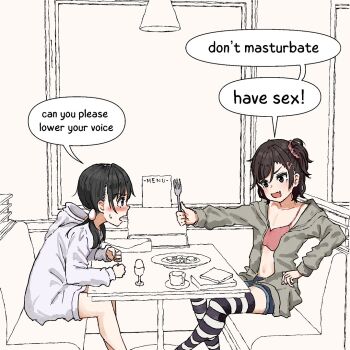 1boy 1girl aiu404l artist_self-insert black_hair blush bra collarbone denim denim_shorts diner egg_(aiu404l) egg_hair_ornament english_text fang food-themed_hair_ornament fork grey_eyes grey_hoodie hair_ornament hairclip ham_(aiu404l) holding holding_fork hood hood_down hoodie indoors long_sleeves looking_at_viewer low_twintails midriff multiple_girls open_mouth original pink_bra scrunchie short_twintails shorts side_ponytail sitting skin_fang smile speech_bubble standing striped_clothes striped_thighhighs sweat thighhighs trap twintails underwear white_hoodie