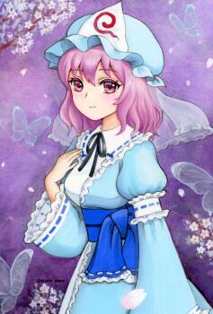 1girl awo_neo black_ribbon blue_hat blue_kimono blue_sash breasts bug butterfly cherry_blossoms closed_mouth commentary_request falling_petals frilled_kimono frilled_sleeves frills hat insect japanese_clothes kimono long_hair long_sleeves looking_at_viewer mob_cap neck_ribbon obi petals pink_eyes pink_hair pink_petals ribbon ribbon-trimmed_sleeves ribbon_trim saigyouji_yuyuko sash sleeve_garter smile solo touhou traditional_media triangular_headpiece twitter_username wide_sleeves