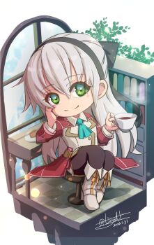 1girl ao_no_kiseki ascot bar_stool black_bow black_hairband black_thighhighs bob_cut bookshelf boots bow cake cake_slice chair chibi closed_mouth coat commentary_request cup dated double-parted_bangs eiyuu_densetsu elie_macdowell floating_hair food full_body green_ascot green_eyes hair_between_eyes hair_bow hairband half_updo highres holding holding_cup looking_at_viewer on_chair plate signature sitting smile solo steaming_cup stool table teacup thighhighs tinybiard twitter_username white_boots white_hair window zero_no_kiseki