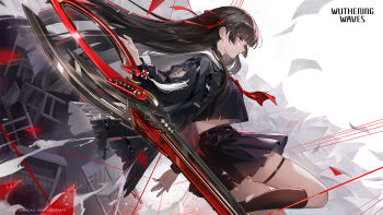 1girl arm_cutout black_choker black_hair black_jacket black_shirt black_skirt chisa_(wuthering_waves) choker closed_mouth clothing_cutout commentary english_commentary from_side hair_ribbon highres jacket long_hair long_sleeves looking_ahead neckerchief official_art red_eyes red_neckerchief red_ribbon ribbon sailor_collar shirt skirt solo sword tacet_mark_(wuthering_waves) thigh_strap thighs very_long_hair weapon white_sailor_collar wuthering_waves