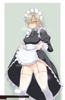 apron azur_lane censored dress frilled_dress frills highres maid maid_apron maid_headdress peeing peeing_in_cup puffywaffles sheffield_(azur_lane) thighhighs white_thighhighs yellow_eyes