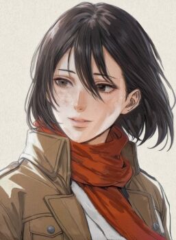 1girl black_hair brown_jacket commentary dirty dirty_face el31225 grey_eyes hair_behind_ear hair_between_eyes jacket lips looking_to_the_side mikasa_ackerman open_clothes open_jacket paradis_military_uniform parted_lips pink_lips red_scarf scarf shingeki_no_kyojin shirt short_hair solo symbol-only_commentary upper_body white_shirt