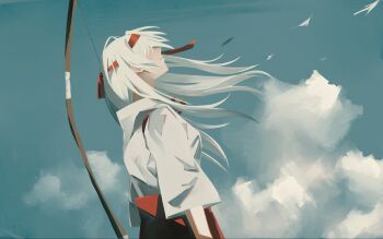 1girl blue_sky bow_(weapon) closed_mouth cloud commentary_request day from_side hair_over_eyes hakama headband highres japanese_clothes kantai_collection kimono long_hair looking_up outdoors profile red_hakama red_headband shoukaku_(kancolle) sky solo tasuki weapon white_hair white_kimono wind yukari_(yuyuyukari_20)