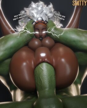1boy 1girl 3d absurdres artist_name ass black_lips breasts colored_skin commentary completely_nude dark-skinned_female dark_skin electricity english_commentary english_text erection green_skin hetero highres hulk large_breasts marvel nipples nude penis pussy sex smittt34 storm_(x-men) teeth thighs vaginal white_hair