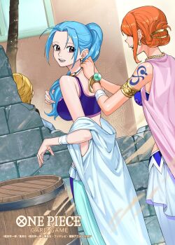 1boy 2girls arm_tattoo armlet barrel blonde_hair blue_hair bra bracelet brown_eyes commentary_request copyright_name dutch_angle hair_bun highres jewelry log_pose multiple_girls nami_(one_piece) necklace nefertari_vivi official_art one_piece one_piece_card_game orange_hair pearl_necklace ponytail sanji_(one_piece) sidelocks smile sunohara_(encount) tattoo underwear vest