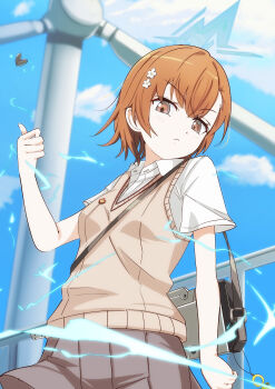 Rule 34 | 1girl, absurdres, artistic error, assault rifle, blue archive, blue halo, blue sky, breasts, brown eyes, brown hair, brown sweater vest, bullpup, closed mouth, cloud, coin, commentary, day, electricity, electrokinesis, fn f2000, gekota, grey skirt, gun, hair ornament, hairpin, halo, highres, lightning bolt symbol, looking at viewer, medium hair, misaka mikoto, outdoors, pleated skirt, railing, rifle, school emblem, school uniform, shirt, short hair, skirt, sky, small breasts, solo, standing, summer uniform, sweater vest, toaru kagaku no railgun, toaru majutsu no index, tokiwadai school uniform, weapon, white shirt, wind turbine, windmill, yvrjcgmyev81