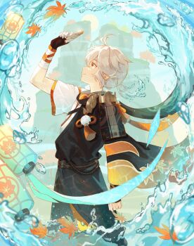 1boy absurdres antenna_hair arm_at_side arm_up armor asymmetrical_sleeves bandaged_arm bandaged_hand bandages black_gloves black_scarf blue_sky brown_shorts closed_mouth commentary_request day fingerless_gloves genshin_impact gloves hair_between_eyes haori highres holding japanese_armor japanese_clothes kaedehara_kazuha kimono lantern leaf leaf_print long_sleeves low_ponytail male_focus maple_leaf maple_leaf_print medium_hair mimoza_(mmmimoza_5) mismatched_sleeves mountain omamori outdoors paper_lantern pom_pom_(clothes) ponytail profile red_eyes red_scarf scarf short_sleeves shorts shoulder_armor sidelocks sky smile sode standing sun tassel tree water water_drop white_hair white_kimono wide_sleeves