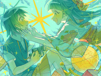 2girls aqua_hair arch binoculars blush collared_shirt commentary_request constellation_print cool_colored crying crying_with_eyes_open floral_print floral_print_kimono ghost globe grey_shirt grey_sweater_vest haluhalu0403 highres holding holding_binoculars japanese_clothes kimono multiple_girls open_mouth original parted_lips pleated_skirt print_kimono shirt short_hair sitting skirt smile sparkle sweater_vest tears v-neck wing_collar yellow_skirt