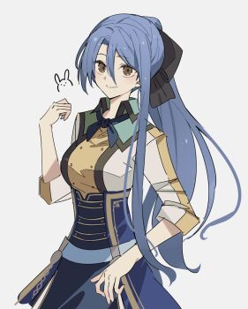 Rule 34 | 1girl, black bow, blue hair, bow, breasts, brown eyes, closed mouth, coat, commentary, eiyuu densetsu, george man, hair bow, highres, laura s. arseid, long hair, long single sidelock, looking at viewer, medium breasts, ponytail, sen no kiseki, sen no kiseki (series), sen no kiseki ii, simple background, single sidelock, smile, solo, white background, white coat