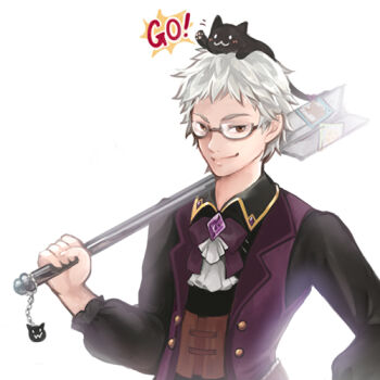 Rule 34 | 1boy, alternate color, animal, animal on head, arch bishop (ragnarok online), black-framed eyewear, black cat, black shirt, bow, bowtie, brown eyes, cat, cat on head, closed mouth, collared shirt, commentary request, glasses, gobaku no hito, grey hair, holding, holding mace, holding weapon, looking at viewer, lowres, mace, male focus, on head, purple bow, purple bowtie, purple vest, ragnarok masters, ragnarok online, semi-rimless eyewear, shirt, short bangs, short hair, simple background, smile, solo, under-rim eyewear, upper body, vest, weapon, white background