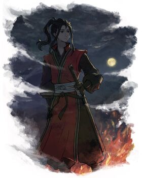 1boy absurdres black_eyes black_gloves black_hair ebat0ke1 fingerless_gloves fire full_moon gloves highres hikari_ku japanese_clothes kimono long_hair long_sleeves male_focus moon night octopath_traveler outdoors ponytail sheath sheathed sky solo standing