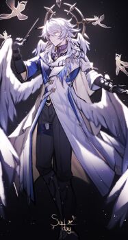 Rule 34 | 1boy, absurdres, angel wings, black background, black gloves, black pants, character name, closed mouth, coat, commentary, conductor baton, earrings, english commentary, feathered wings, full body, gloves, grey hair, hair between eyes, halo, halo behind head, hand up, head wings, highres, holding baton, honkai: star rail, honkai (series), jewelry, light smile, long hair, long sleeves, looking at viewer, male focus, pants, piercing, simple background, solo, sparrow4193941, spiked halo, sunday (honkai: star rail), white coat, white wings, wing piercing, wings, yellow eyes