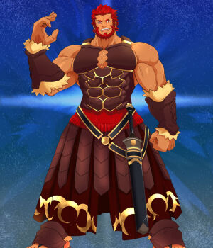 Rule 34 | 1boy, armor, armored skirt, bara, beard, belt, biceps, blue background, chest armor, chest belt, chest plate, dust, facial hair, fate/grand order, fate (series), frown, gauntlets, gladius, hand up, iskandar (fate), karakuraax, large pectorals, long skirt, male focus, mature male, muscular, muscular arms, muscular male, open mouth, pectoral cleavage, pectorals, red eyes, red hair, sandals, scabbard, sheath, sidepec, skirt, smile, solo, spiked hair, sword, tan, teeth, thick eyebrows, tongue, veins, veiny arms, weapon