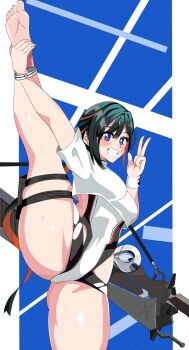 1girl bare_shoulders black_hair black_one-piece_swimsuit black_shirt blush bracelet breasts cropped_shirt fate/grand_order fate_(series) grin hair_ornament highres jeunesse_crane_(fate) jeunesse_crane_(first_ascension)_(fate) jewelry leg_lift leg_up long_hair looking_at_viewer medium_breasts miss_crane_(fate) multicolored_hair off_shoulder one-piece_swimsuit ponytail purple_eyes puti_tomato19 red_hair shirt smile solo split standing standing_on_one_leg standing_split swimsuit thigh_strap thighs two-tone_hair two-tone_one-piece_swimsuit two-tone_shirt weapon white_one-piece_swimsuit white_shirt wristband