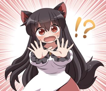 !? 1girl @_@ animal_ear_fluff animal_ears black_hair blush commentary_request dress emphasis_lines frilled_sleeves frills hair_between_eyes imaizumi_kagerou long_hair long_sleeves looking_at_viewer open_mouth outstretched_arms red_eyes rokugou_daisuke signature solo sweatdrop tail touhou upper_body white_dress wolf_ears wolf_girl wolf_tail