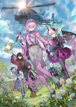 Rule 34 | 3boys, 3girls, aircraft, antlers, black dress, black hands, blue sky, blush, breasts, colored extremities, crossed bangs, dante alighieri (fate), demon girl, demon horns, demon wings, dress, earrings, fate/grand order, fate (series), flower, green eyes, green hair, grey hair, hair between eyes, hair over one eye, helicopter, highres, hitokoto, horns, indra (fate), jewelry, large breasts, lilith (fate), long hair, looking at viewer, louhi (fate), mash kyrielight, medium breasts, multiple boys, multiple girls, official art, open mouth, pink hair, pointy ears, purple dress, purple eyes, revision, short hair, sky, small breasts, smile, toudou heisuke (fate), twintails, very long hair, wings