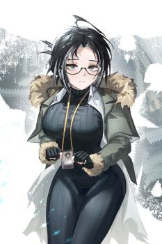 1girl arknights bags_under_eyes bird_girl black-framed_eyewear black_dress black_gloves black_hair blush breasts coat commentary_request dress feather_hair fingerless_gloves fur-trimmed_coat fur_trim glasses gloves green_coat highres holding holding_id_card id_card jambaeng large_breasts long_hair long_sleeves looking_at_viewer messy_hair red_pupils ribbed_dress semi-rimless_eyewear shirt snegurochka_(arknights) solo sweater sweater_dress turtleneck turtleneck_dress under-rim_eyewear