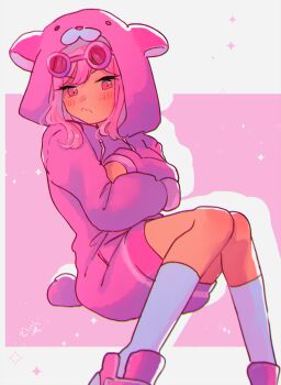 1girl absurdres alternate_costume animal_ears animal_hood bear_ears bear_hood blush boots chromatic_aberration closed_mouth crossed_arms dark-skinned_female dark_skin drop_shadow eyewear_on_head feet_out_of_frame glass hair_between_eyes highres hood hood_up hoodie invisible_chair kneehighs knees_together_feet_apart kokomi_(aniesuakkaman) long_sleeves looking_at_viewer omori pink-framed_eyewear pink_boots pink_hair pink_hoodie puffy_long_sleeves puffy_sleeves round_eyewear sidelocks simple_background sitting socks solo sparkle sweetheart_(omori) tail v-shaped_eyebrows wavy_mouth white_socks