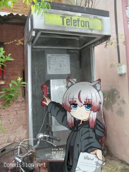 1girl absurdres animal_ear_fluff animal_ears artist_name bicycle blue_eyes borrowed_character building cat_ears cat_girl closed_mouth commentary_request commission concealed_weapon dated day drawstring english_text glock grey_hair grey_hoodie grey_shirt gun handgun highres holding holding_notepad holster hood hood_down hoodie kochiya_tenko leaf medium_hair morse_code morse_code_commentary multicolored_hair notepad open_clothes open_hoodie original outdoors outstretched_arms payphone phone photo_background pink_hair plant shirt streaked_hair weapon