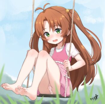 1girl barefoot blush boppin brown_hair feet grass green_eyes koshigaya_komari loli long_hair looking_at_viewer non_non_biyori open_mouth panties pantyshot soles swing toes twintails underwear