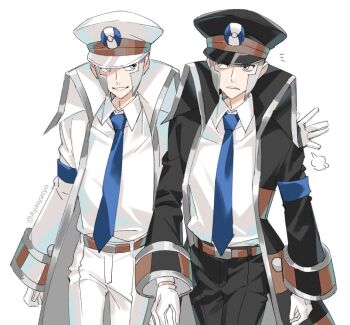 2boys ayasyacyo belt black_coat black_hat black_pants blue_necktie brothers coat collared_shirt emmet_(pokemon) gloves grey_hair hat ingo_(pokemon) male_focus matching_outfits multiple_boys necktie nintendo pants parted_lips pokemon pokemon_bw shirt short_hair siblings sideways_glance twins white_background white_coat white_gloves white_hat white_pants