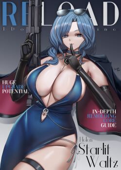 1girl absurdres blue_hair breasts bullpup caiman_pool cleavage cover double-barreled_shotgun dress elbow_gloves eyewear_on_head fake_cover fake_magazine_cover finger_to_mouth girls&#039;_frontline girls&#039;_frontline_2:_exilium gloves gun helen_(girls&#039;_frontline_2) helen_(starlit_waltz)_(girls&#039;_frontline_2) highres huge_breasts index_finger_raised long_hair looking_at_viewer magazine_cover multiple-barrel_gun panties pump-action_shotgun pump_action shotgun shushing side-by-side-barreled_shotgun side-tie_panties solo standard_manufacturing_dp-12 thigh_strap underwear weapon white_panties
