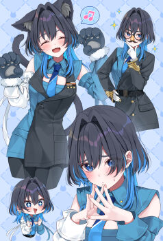 1girl absurdres animal_ears animal_hands asymmetrical_sleeves black_jacket black_pants black_vest blue_eyes blue_hair blue_jacket blue_necktie blue_shirt blue_sleeves blue_vest cat_ears cat_girl cat_tail chain chain_earrings chibi closed_mouth collared_shirt colored_inner_hair colored_tips commentary detached_sleeves glasses gloves hair_intakes hashtag-only_commentary highres hololive hololive_english jacket kemonomimi_mode long_hair looking_at_viewer military_jacket military_uniform mismatched_sleeves mogu_(au1127) multicolored_hair multicolored_jacket musical_note necktie official_alternate_costume official_alternate_hairstyle open_mouth ouro_kronii ouro_kronii_(4th_costume) pants paw_gloves shirt sidelocks sleeveless sleeveless_shirt smile spoken_musical_note tail two-tone_hair two-tone_jacket two-tone_vest variations vest virtual_youtuber white_gloves white_sleeves wolf_cut