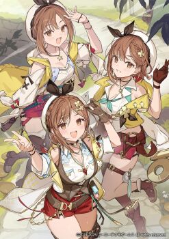 3girls artist_request atelier_(series) atelier_ryza atelier_ryza_1 atelier_ryza_2 atelier_ryza_3 bare_shoulders black_ribbon breasts brown_eyes brown_hair cleavage cowboy_shot group_picture hair_ribbon hat highres jacket large_breasts multiple_girls official_art red_shorts reisalin_stout ribbon shorts white_hat white_jacket yellow_jacket