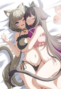 2girls absurdres alternate_costume animal_ear_fluff animal_ears bed_sheet bell black_hair blue_eyes breasts brown_hair cat_cutout cat_ear_panties cat_ears cat_lingerie cat_tail cleavage cleavage_cutout closed_eyes clothing_cutout collarbone columbina_(genshin_impact) commentary_request fuyunash1 genshin_impact highres hug jingle_bell kemonomimi_mode long_hair lying multiple_girls neck_bell on_back on_side one_eye_closed panties party purple_hair sandrone_(genshin_impact) side-tie_panties tail underwear very_long_hair yuri