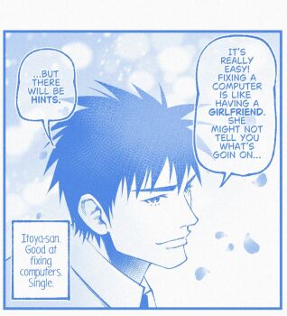 1boy blue_theme choppy_bangs closed_mouth english_text from_side looking_at_viewer male_focus monochrome nose original petals short_hair smile solo speech_bubble studionice2011 talking