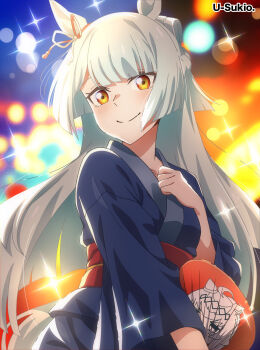 1girl absurdres animal_ears artist_name blue_pants blue_shirt blunt_ends blurry bokeh bow braid character_print closed_mouth commentary crown_braid depth_of_field ear_ribbon fujimasa_march_(umamusume) half_updo hand_fan hand_on_own_chest highres holding holding_fan horse_ears horse_girl horse_tail japanese_clothes long_hair long_sleeves looking_at_viewer oguri_cap_(umamusume) pants paper_fan red_sash sash shirt smile solo sparkle standing straight_hair tail u-sukio. umamusume umamusume:_cinderella_gray yellow_eyes