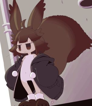 1girl ahoge animal_ears black_jacket body_fur brown_eyes brown_hair brown_shoes closed_mouth crepix drawstring dutch_angle female_focus flat_chest full_body furry furry_female gradient_hair hair_flaps half-closed_eyes highres hood hood_down hooded_jacket jacket jitome large_tail loli long_sleeves looking_afar matching_hair/eyes multicolored_hair naked_jacket navel no_nipples no_pussy off_shoulder open_clothes open_jacket original oversized_clothes oversized_jacket pom_pom_(clothes) shoes short_hair socks solo squirrel_ears squirrel_girl squirrel_tail standing stomach tail tail_raised two-tone_fur whiskers white_fur white_socks yellow_fur zipper zipper_pull_tab
