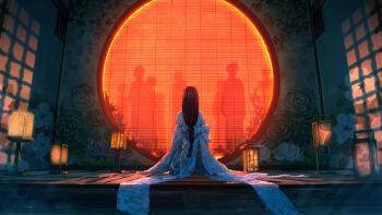 Rule 34 | 1girl, absurdres, andon, architecture, bamboo screen, black hair, commentary request, east asian architecture, floor lamp, from behind, highres, japanese clothes, kimono, lamp, long hair, original, people, scenery, shadow, shuu illust, sitting, very long hair