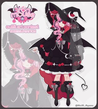 1girl absurdres black_dress black_nails character_name closed_mouth commentary demon_girl demon_horns demon_tail demon_wings dress english_commentary flower flower_in_eye frilled_dress frills highres horns ironmouse ironmouse_(witch) long_hair looking_at_viewer nail_polish neill_ayane pink_hair purple_streaks red_flower smile solo symbol_in_eye tail vshojo white_background wings zoom_layer