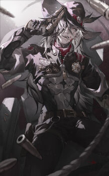 1boy abs absurdres black_hair black_hat blood blood_on_face boothill_(honkai:_star_rail) bullet bullet_earrings bullet_in_mouth cowboy cowboy_hat crop_top crosshair_pupils cyborg earrings gun hair_over_one_eye hat highres holding holding_gun holding_weapon honkai:_star_rail honkai_(series) jacket jewelry long_hair looking_at_viewer male_focus mechanical_hands multicolored_hair open_mouth qq1041713019 red_pupils sharp_teeth sheriff_badge simple_background solo split-color_hair teeth two-tone_hair weapon western white_hair zipper