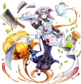 1girl alternate_costume alternate_hairstyle apron aqua_bow back_bow bat_wings blue_eyes blue_shoes bow braid breasts chain cleaver closed_mouth cup double_bun earrings full_body game_cg grey_hair hair_bow hair_bun halloween halloween_costume head_wings highres holding holding_tray izayoi_sakuya izayoi_sakuya_(would_you_like_pumpkin_tea?) jack-o'-lantern jar jewelry long_hair long_sleeves looking_at_viewer maid maid_apron maid_headdress official_art pocket_watch pumpkin rotte_(1109) seed shoes side_braids side_slit smile solo stained_clothes tea teacup teapot thighhighs thighs third-party_source touhou touhou_lostword transparent_background tray twin_braids watch white_apron white_bow white_thighhighs wings yellow_bow