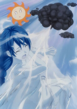 Rule 34 | 1girl, absurdres, anime screenshot, ass, blue hair, blush, braid, closed eyes, cloud, convenient arm, feet out of frame, female focus, flower, hair flower, hair ornament, hairclip, highres, medium hair, nose blush, open mouth, shokugeki no souma, solo, stitched, sun, tadokoro megumi, thighs, third-party edit, torn clothes, wind