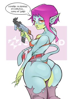 alien ass breasts concord_(game) game_console gun highres it-z_(concord) non-web_source playstation_5 seductive_smile smile solo sony weapon