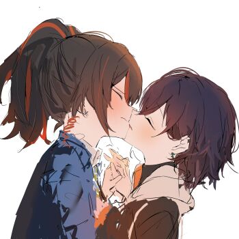 2girls absurdres belle_(zenless_zone_zero) black_hair black_shirt blue_hair blue_jacket closed_eyes commentary_request earclip earrings hair_between_eyes highres holding_hands hood interlocked_fingers jacket jewelry katata kiss multicolored_hair multiple_girls necktie police police_uniform policewoman ponytail red_hair red_streaks shirt short_hair simple_background streaked_hair upper_body white_background white_shirt wire yuri zenless_zone_zero zhu_yuan