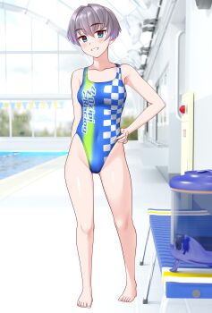 1girl absurdres barefoot bench blue_eyes blue_one-piece_swimsuit breasts checkered_clothes commentary_request competition_swimsuit full_body gradient_swimsuit grey_hair grin hand_on_own_hip highleg highleg_one-piece_swimsuit highres indoors medium_breasts multicolored_swimsuit one-piece_swimsuit original poolside race_queen short_hair smile solo swimsuit takafumi variant_set