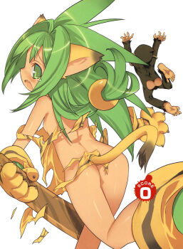 1girl animal_ears animal_hands animal_print ass blade_(galaxist) boomerang cat_ears cat_tail cham_cham fang gloves green_eyes green_hair hair_ornament highres long_hair looking_back monkey no_panties open_mouth paku_paku paw_gloves paw_shoes queen's_blade queen's_gate samurai_spirits shoes simple_background snk sphere_hair_ornament tail tears tiger_print torn_clothes weapon white_background