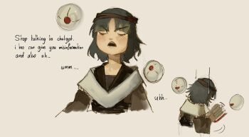 1other androgynous annoyed black_kimono blunt_bangs book brown_headband brown_sleeves capelet closed_eyes cropped_torso detached_sleeves english_text forgetting from_behind frown green_hair grey_background hatsburg headband highres holding holding_book japanese_clothes kimono len'en light_blush long_sleeves meme meme_request motion_lines open_mouth other_focus para_(len'en) para_(len'en)_(oni) parted_bangs sequential short_hair simple_background sweatdrop teeth turning_page upper_teeth_only v-shaped_eyebrows white_capelet wide_sleeves