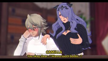 1boy 1girl 3d alternate_costume blush boobs?_wanna_touch_boobs?_(meme) breasts camilla_(fire_emblem) cleavage cleavage_cutout clothing_cutout fire_emblem fire_emblem_fates grabbing_another's_shoulder grabbing_from_behind grabbing_own_breast hair_over_one_eye jewelry large_breasts long_hair male_corrin_(fire_emblem) meme necklace nintendo purple_eyes purple_hair red_eyes room shirt sweater text_focus tiara universalkun white_hair white_shirt worried