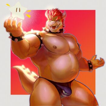1boy armlet azumiiip bara bare_pectorals belly biceps border bowser bracelet bulge claws collar commentary english_commentary fangs fat fat_man furry furry_male gradient_background highres horns jewelry looking_at_object male_focus mario_(series) muscular muscular_male navel nintendo nipples open_mouth pectorals red_hair smile spiked_armlet spiked_bracelet spiked_collar spiked_tail spikes super_star_(mario) tail topless_male white_border