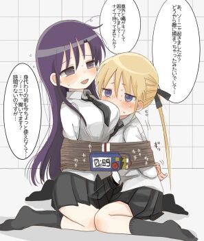 2girls bdsm blonde_hair blue_eyes blush bomb bondage bound explosive goshiki_agiri hair_ribbon highres kill_me_baby kneeling long_hair multiple_girls necktie open_mouth purple_eyes purple_hair ribbon rope school_uniform skirt socks sonya_(kill_me_baby) sweat timer translation_request twintails yasashii_naizou